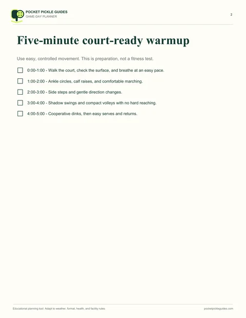 Actual warmup page from the free Pickleball Game-Day Planner