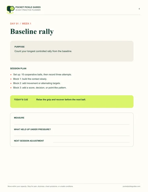 Actual daily page from the free 30-Day Pickleball Practice Planner